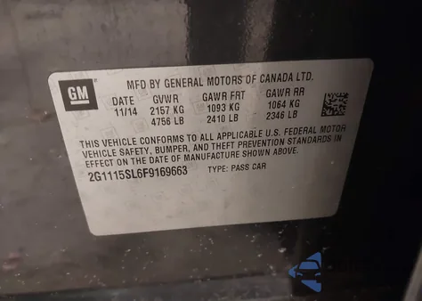 2015 Chevrolet Impala 1Lt из США, поврежденный, VIN 2G1115SL6F9169663